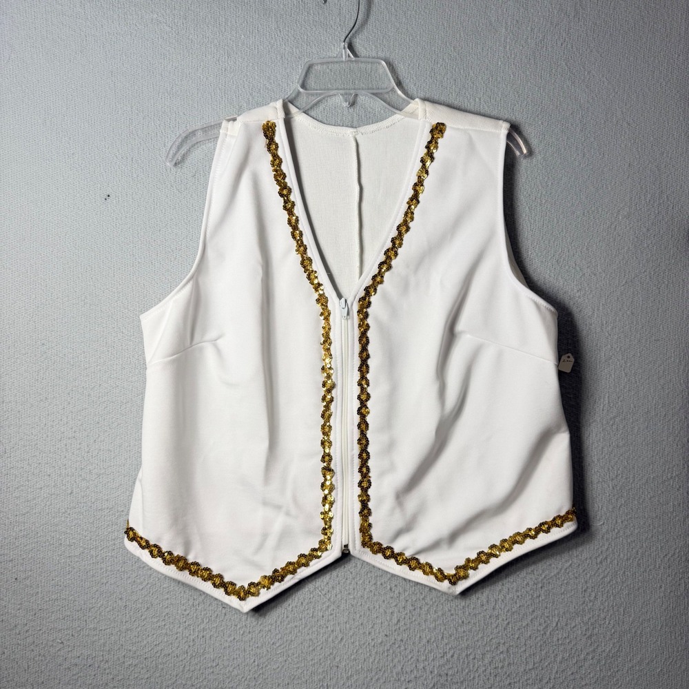 Vintage Handmade White Zip Front Vest Gold Sequin Costume Theater Unisex 2XL